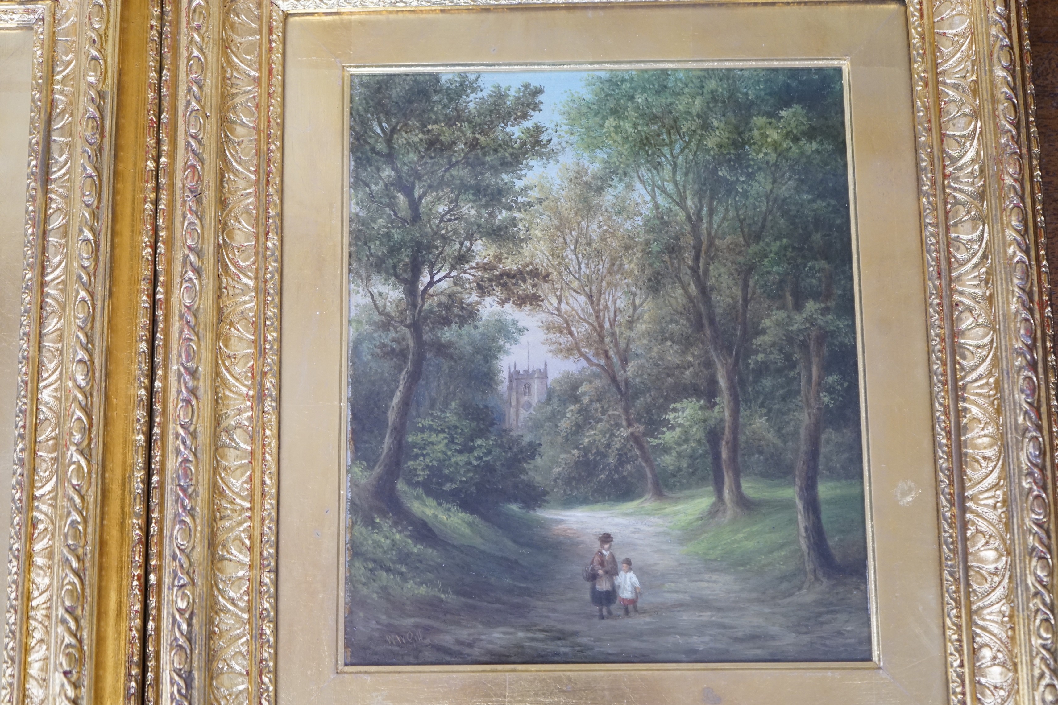 William Ward Gill (1823-1894), pair of oils on board, Children on country lanes, signed, 24 x 20cm